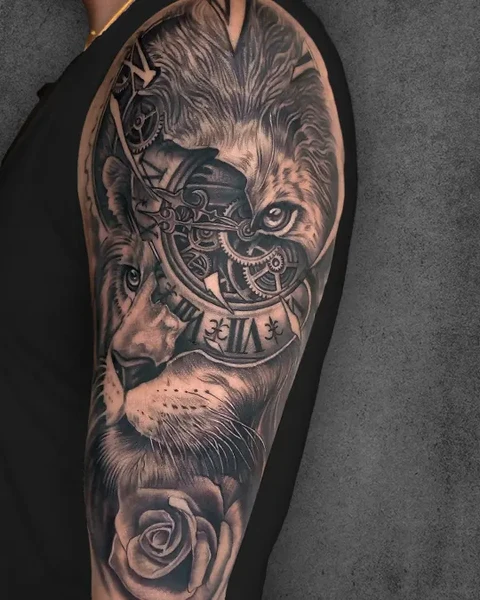 dualism lion and clock tattoo