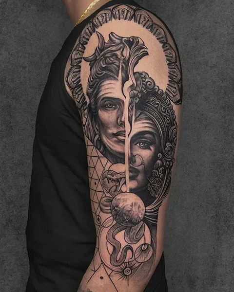 double exposure shiva and parvati tattoo