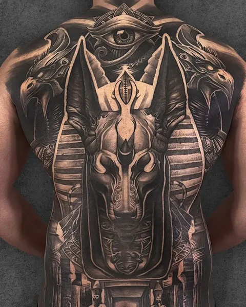 full back anubis and eye tattoo